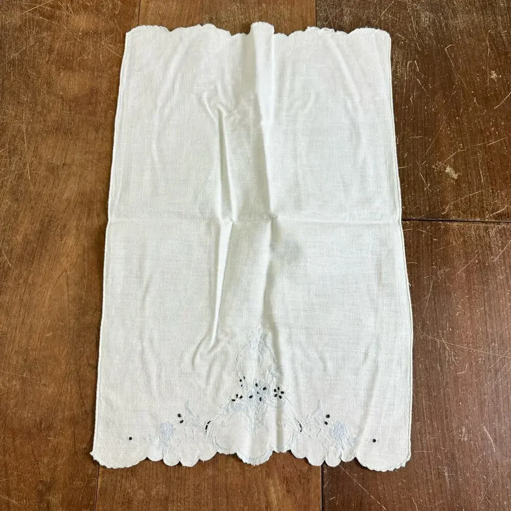 Vintage Blue hand embroidered basket design tea hand towel dainty cottagecore‎